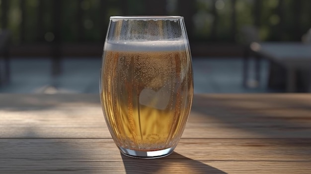 A glass of beer on a wooden table