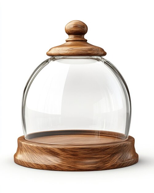 Photo glass bell jar secured wooden bell with glass lid isolated on solid tray