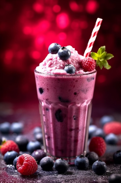 A glass of berry milkshake with a red and white striped straw