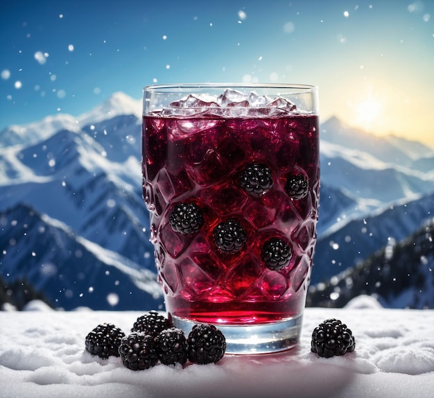 a glass of blackberries and blackberries with a mountain view in the background