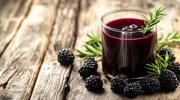 A glass of blackberry juice garnished with rosemary on a rustic wooden surface