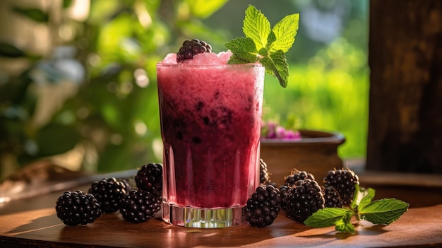 A glass of blackberry juice sits on a table in front of a green background.