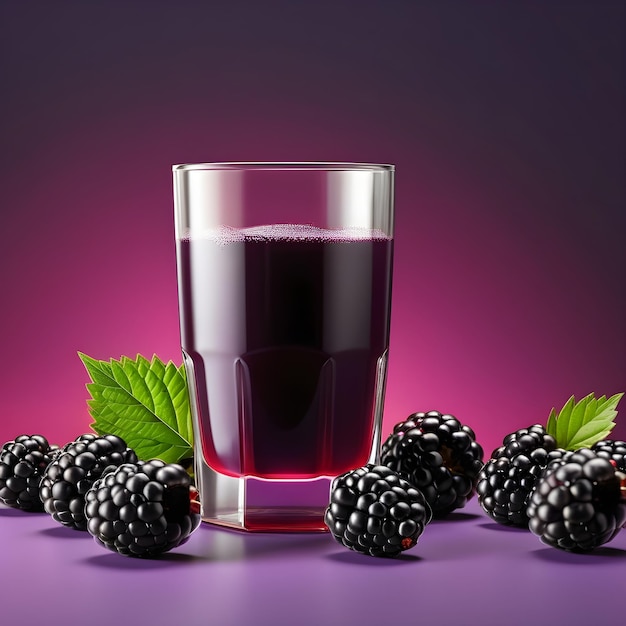 Photo glass of blackberry juice with blackberries and leaves on purple background