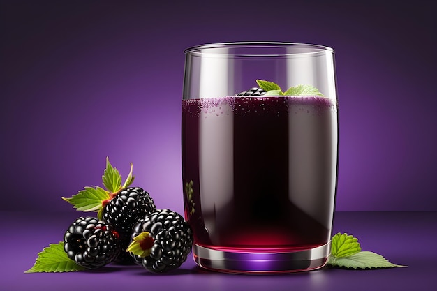 Photo a glass of blackberry juice with fresh berries on a purple background