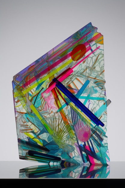 A glass block with a colorful design that says'art glass'on it