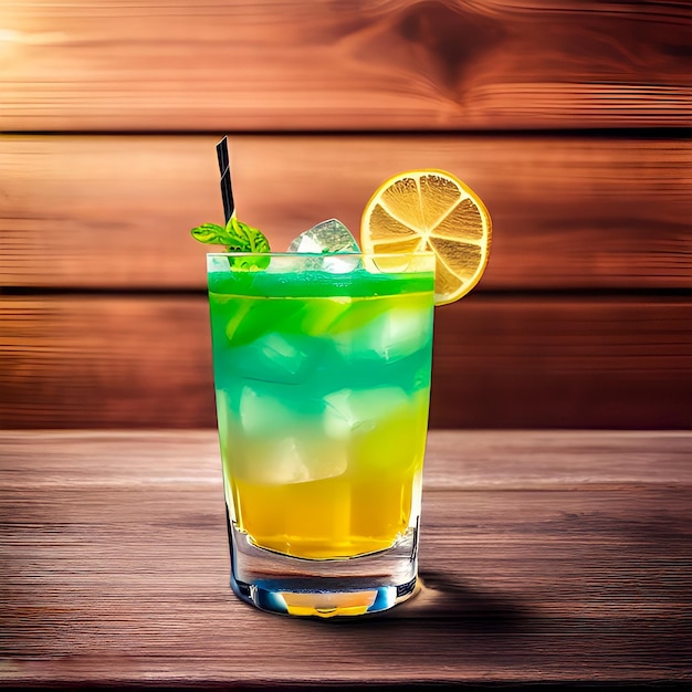 A glass of blue and green cocktail with a lemon slice on the top Summer