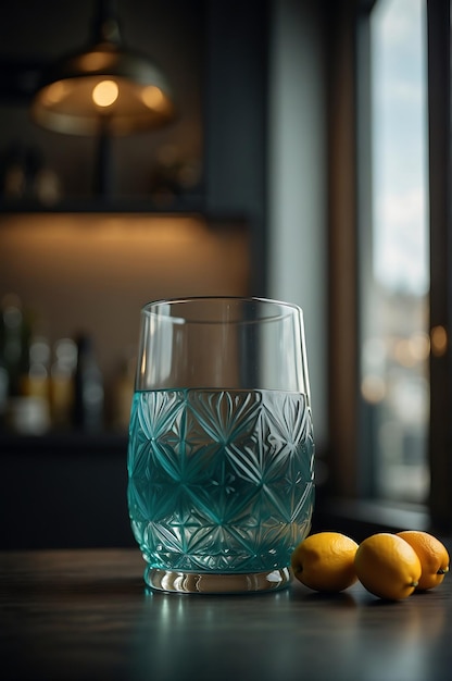 a glass of blue liquid sits next to a glass of water