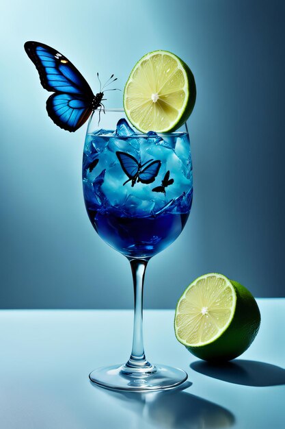 A glass of blue liquid with a butterfly on it and a slice of lime on top of it