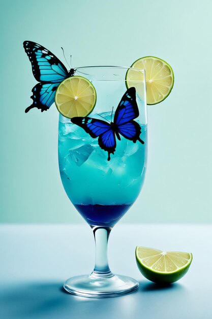 A glass of blue liquid with a butterfly on it and a slice of lime on top of it