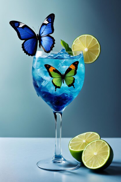 A glass of blue liquid with a butterfly on it and a slice of lime on top of it