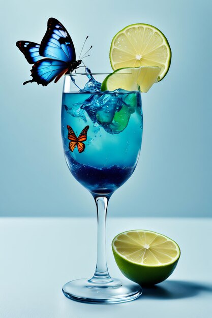 A glass of blue liquid with a butterfly on it and a slice of lime on top of it