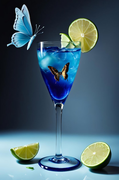 A glass of blue liquid with a butterfly on it and a slice of lime on top of it