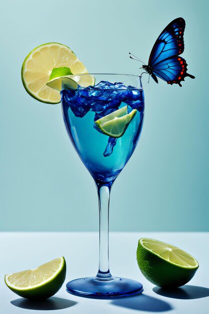 A glass of blue liquid with a butterfly on it and a slice of lime on top of it