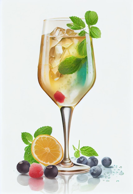 A glass of blueberry cocktail with a blueberry and mint garnish