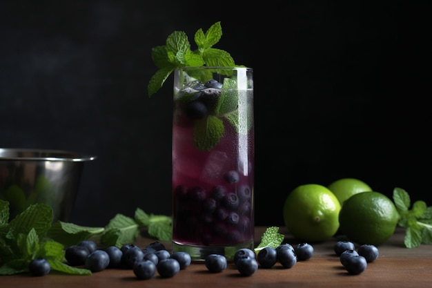 A glass of blueberry mojito with mint leaves and a lime on the side.