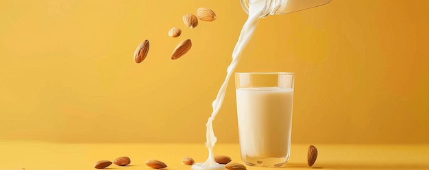 A glass bottle of almond milk being poured into a glass set against a vibrant yellow background