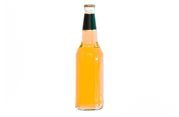 A glass bottle of beer with a black label on the top isolated on a white background Cool Golden Drunk Fluid Gold Brewed Alcoholic Refreshing Pub Chill Brand Product Bottle