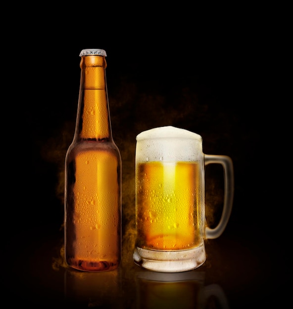 Glass bottle and beer with frost and vapor on black background 3d render