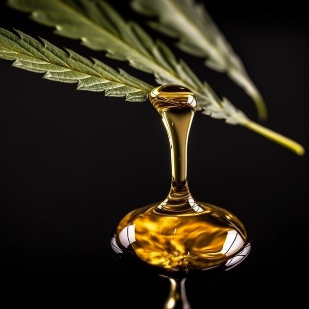 A glass bottle of cbd oil is dripping from a leaf.