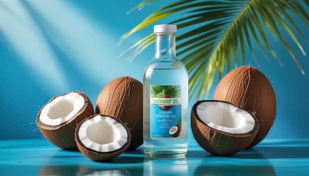 Glass Bottle of Coconut Oil with Tropical Coconut Halves on a Blue Surface