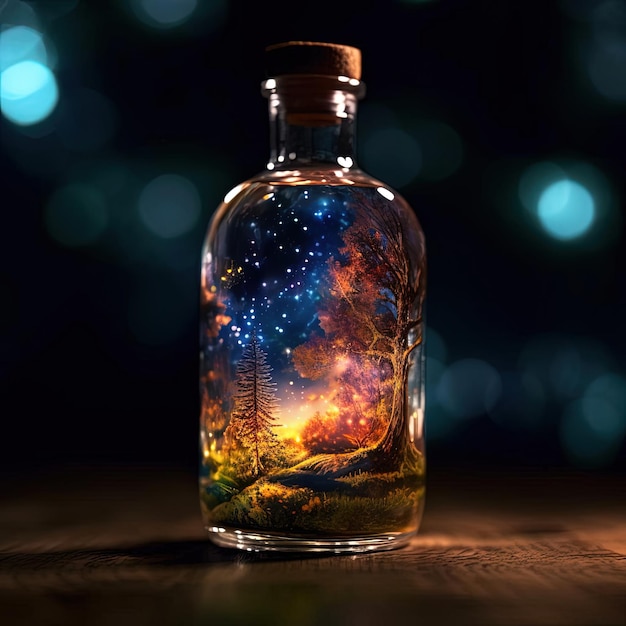 glass bottle contains a galaxy inside