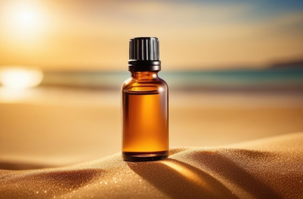 glass bottle of essence oil with white blank label on sand at sunset closeup natural cosmetics