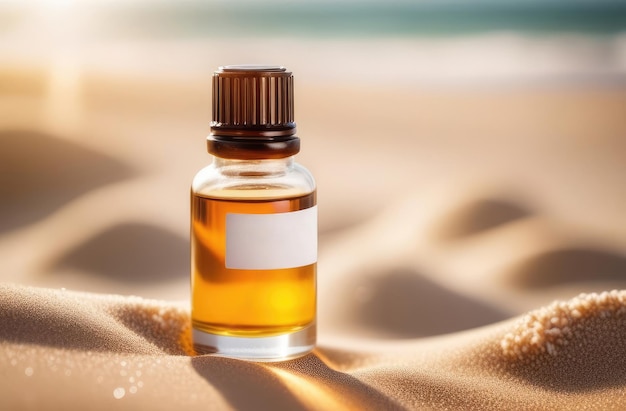 glass bottle of essence oil with white blank label on sand at sunset mock up for natural cosmetics