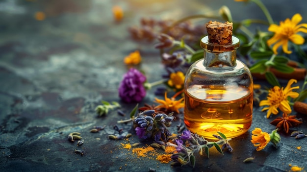 Glass bottle of essential oil surrounded by herbs