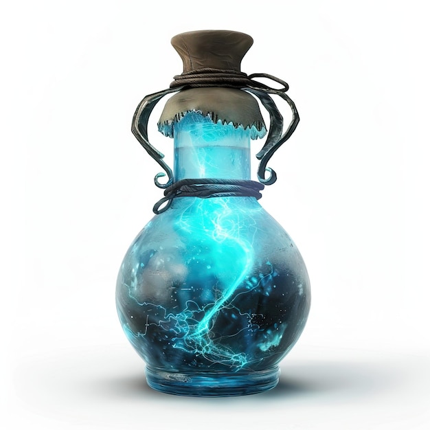 Photo a glass bottle filled with glowing blue liquid