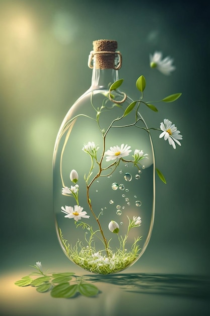 Glass bottle filled with water and flowers generative ai