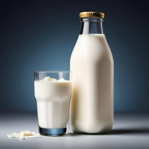 Glass and bottle of fresh milk on a light blue background