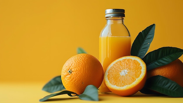 Glass bottle of fresh orange juice halved orange with green leaves pale yellow background bright lig