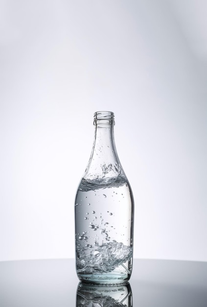 Glass bottle of healthy pure sparkling water on white background with space for text