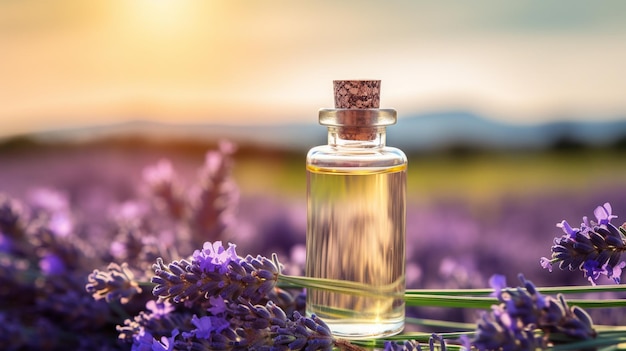 Glass bottle of lavender essential oil with fresh lavender flowers in lavender field lavender oil Ge