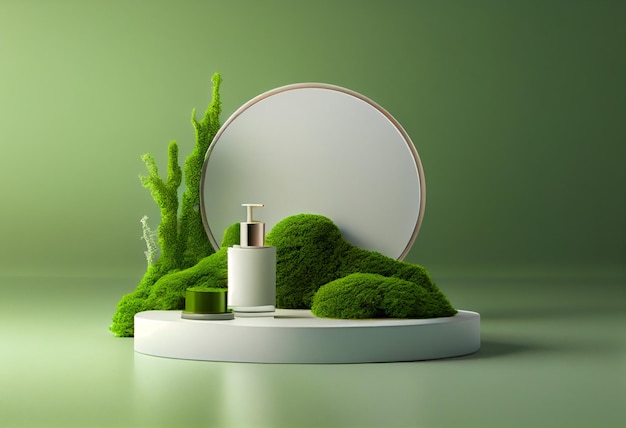 Glass Bottle MockUp on green moss backgroundNatural beauty products Eco cream serum skin care blank bottle AI Generated