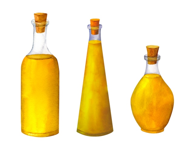 Glass bottle olive oil watercolor hand painted isolated on white background