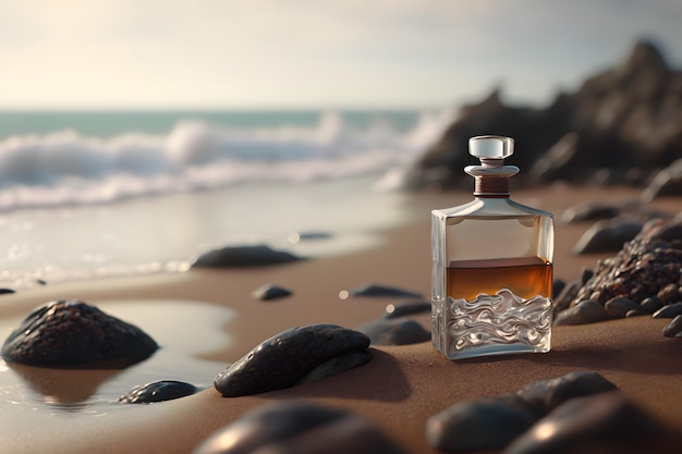 A glass bottle of perfume standing on a sea background Neural network generated art