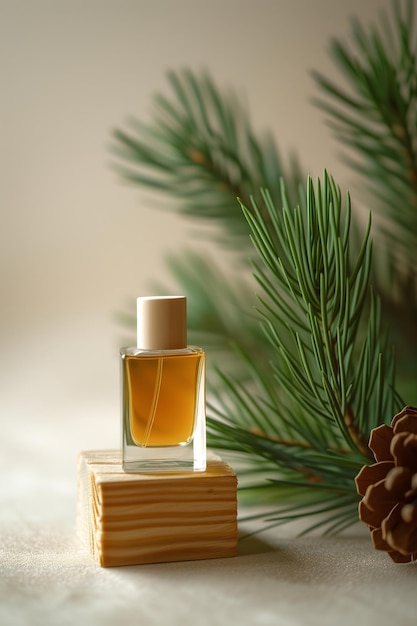 Glass bottle of perfume with the aroma of pine and forest on a wood background Concept for cologne