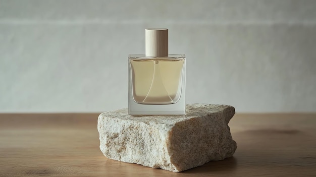 A glass bottle of perfume with a wooden cap sits on a rock