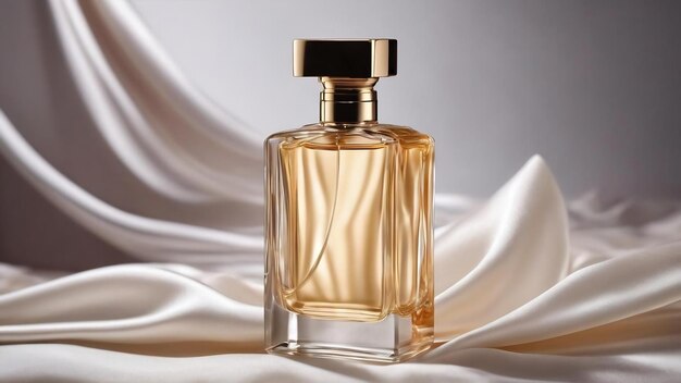 Glass bottle of perfume without a lid on a background of white silk the concept of expensive perfume