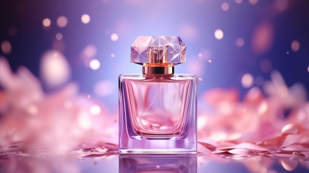 The glass bottle product advertises the fragrance in a purple background with sparkles and rays