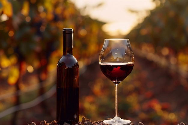 A glass and a bottle of red wine on the background of a grape field