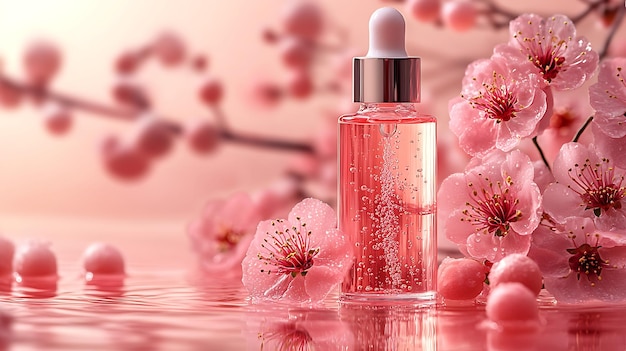 A glass bottle of serum with a dropper sits on a pink water surface with cherry blossoms