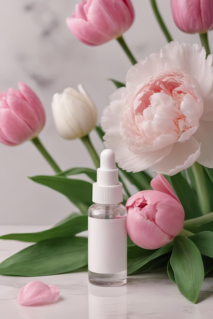 A glass bottle for skin cosmetic oil concept natural cosmetics and skin care Decoration with peonies flowers on marble background Soft light AI Generated