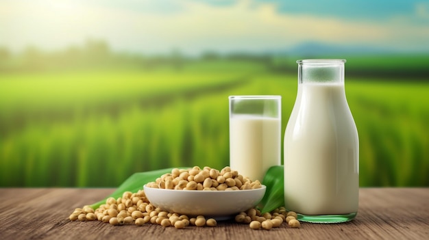 glass and bottle of soy milk on wooden table