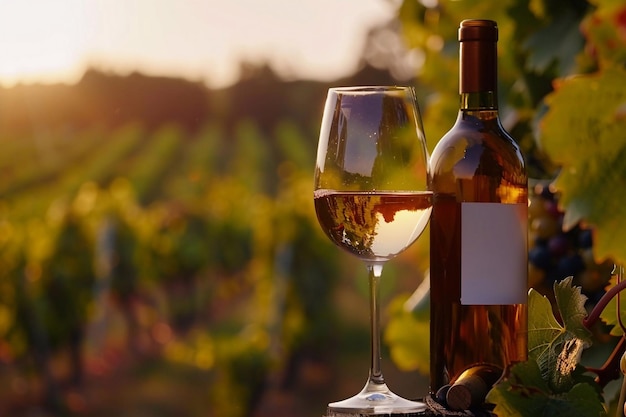 A glass and a bottle of white wine on the background of a grape field