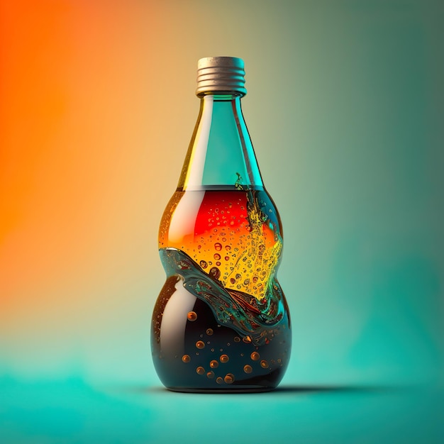 A glass bottle with a carbonated drink on a bright background