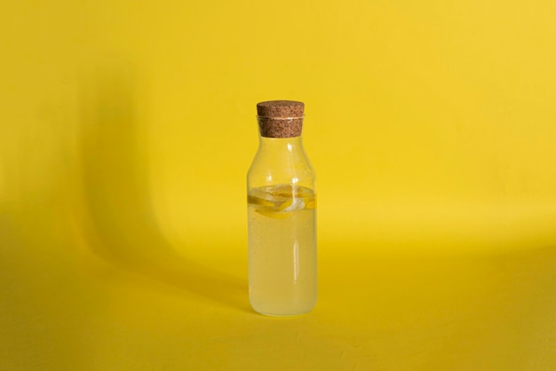 A glass bottle with cold summer lemon fresh