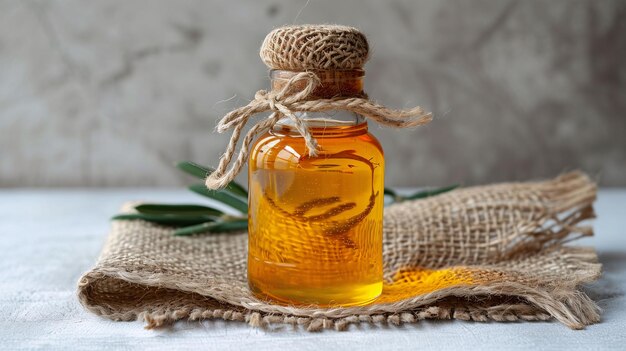 Glass bottle with golden liquid and burlap cork