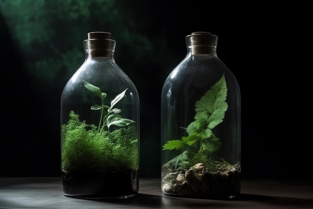 Glass bottle with green ecosystem Generate Ai